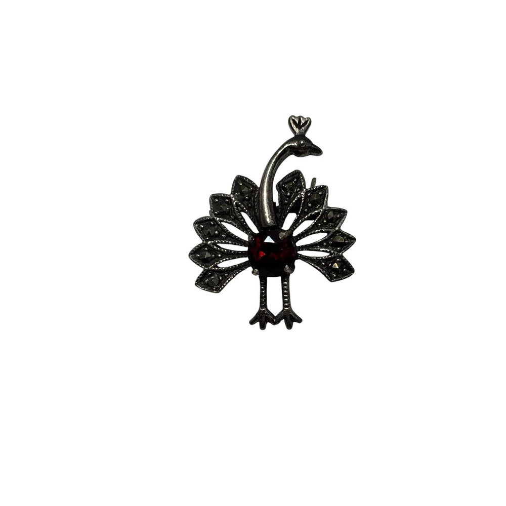 Vintage Sterling Silver 925 Red Stone Marcasite Peacock Bird Dainty Brooch Pin
